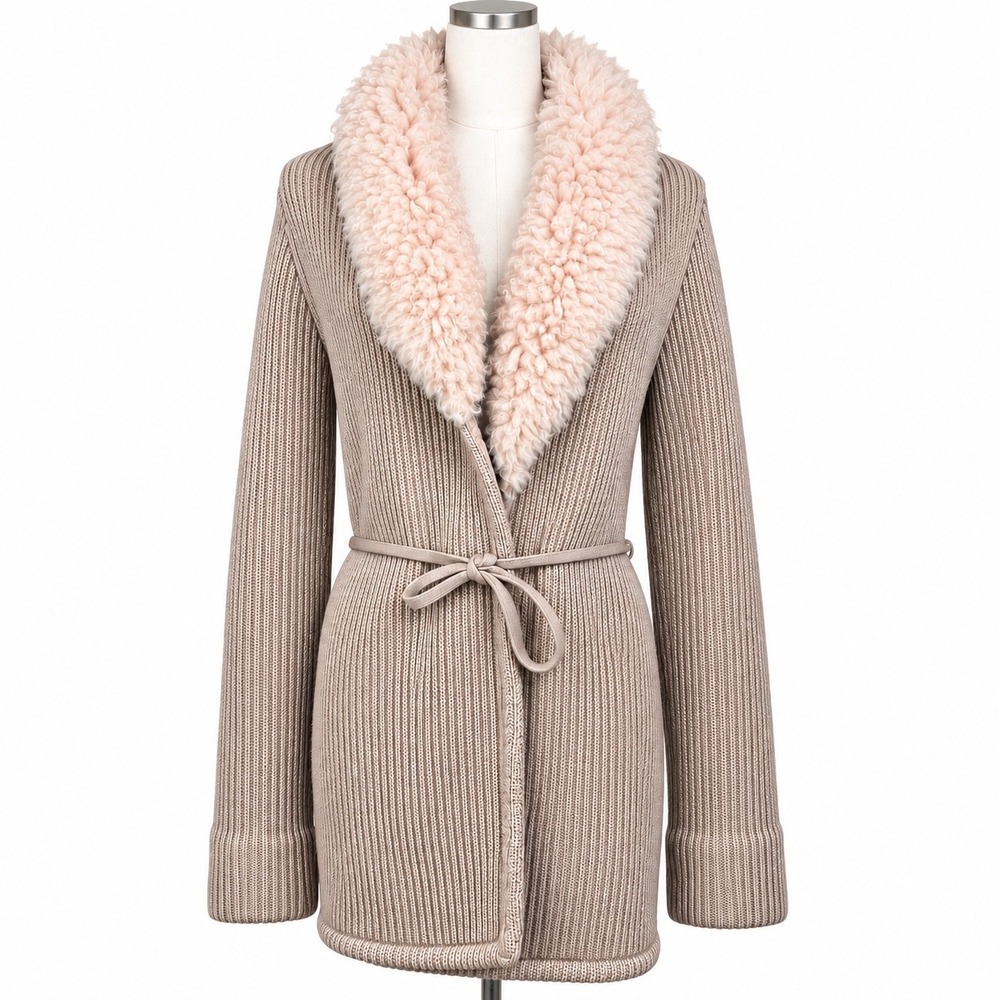 Vtg Cardigan S/M Italy Penny Lane Wool Genuine Suede Sherpa Fur Front Tie Boho